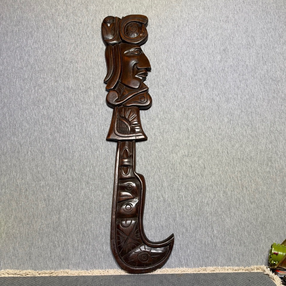 VTG Hand Carved Honduras Warrior Wood Art Plaque Tribal Style 24" Sculpture